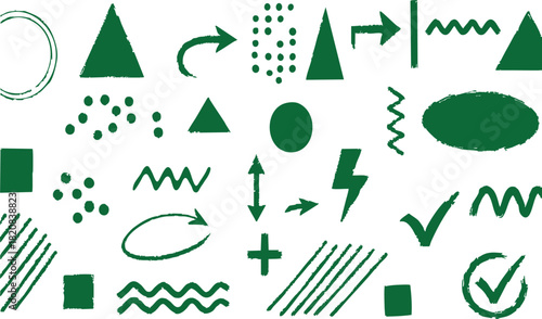 Hand drawn green shapes and symbols on white background for graphic design