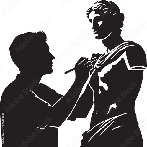 Artist meticulously carves classic sculpture silhouette representing creative pursuit and craftsmanship