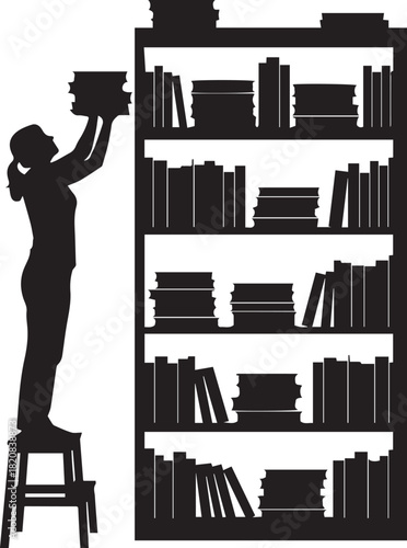 Silhouette of a person on a step stool reaching for books on a tall bookshelf