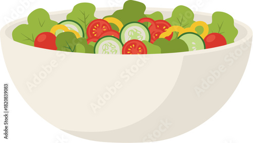 Fresh vegetable salad with tomatoes and cucumbers in a white bowl.