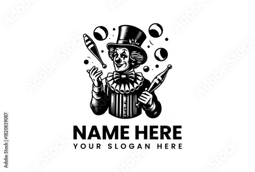 Classic circus clown mascot juggling pins and balls, a detailed black and white vector logo illustration