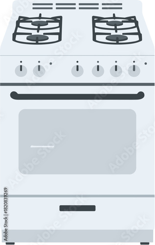 White gas stove with four burners and an oven appliance.