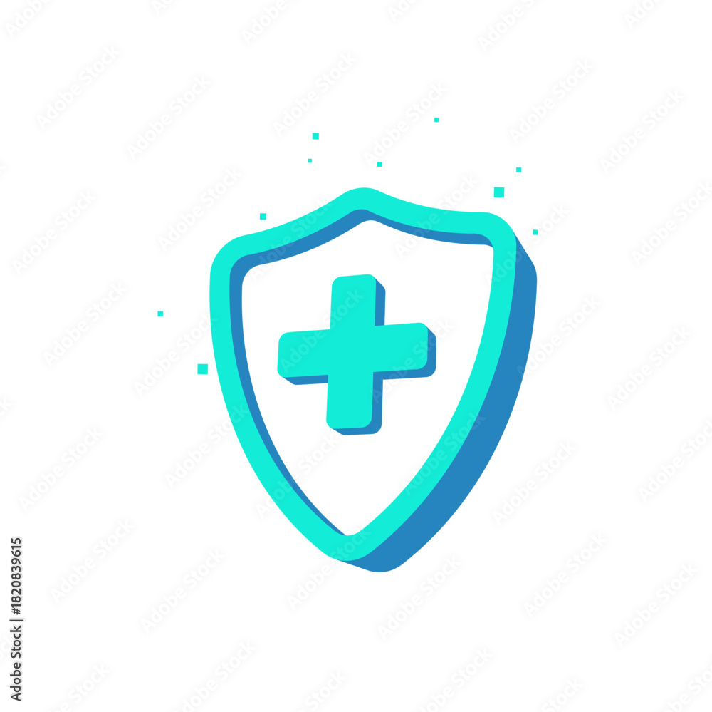 Obraz premium Cyan 3D medical shield icon large cross symbol. Vector illustration healthcare protection standards.