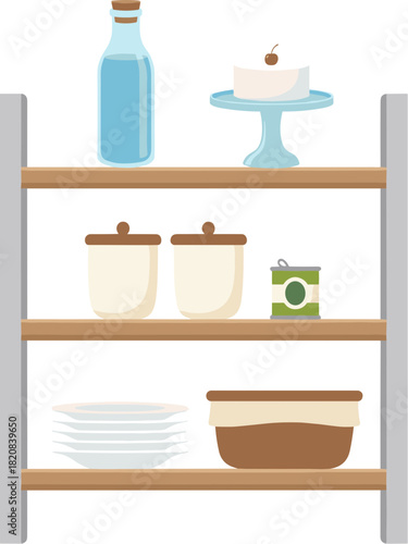 Organized kitchen pantry shelves with various food and dishware items.