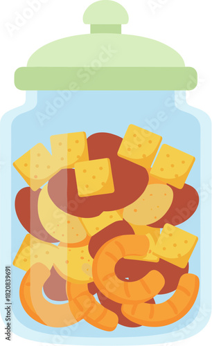 Clear glass jar with a lid filled with an assortment of savory snacks.