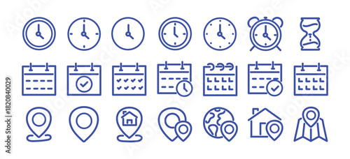 Time, date and address concept editable stroke outline icons set isolated on white background flat vector illustration. Pixel perfect. 64 x 64.