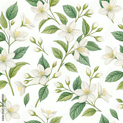 seamless floral pattern, White jasmine flower repeat pattern with soft green leaves, fresh clean seamless design