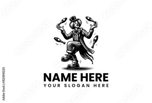 A classic circus clown juggling pins, vintage mascot character design vector logo illustration