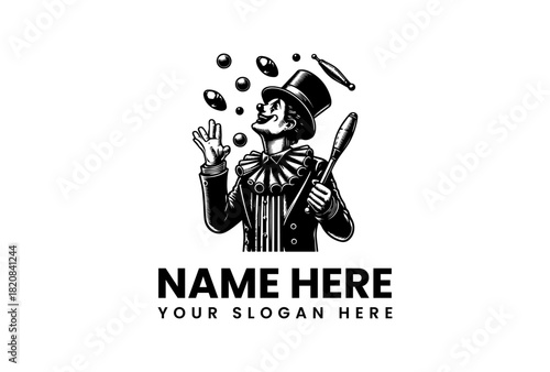Vintage Jester Juggling Performance Vector Logo Illustration, ideal for entertainment businesses, artistic designs, and whimsical branding projects
