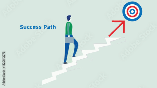Clean flat design illustration of a stylized figure ascending a series of ascending steps symbolizing progress achievement and upward movement in a simple modern graphic