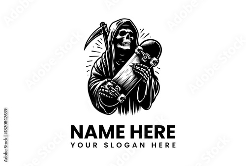 A dark grim reaper mascot with a skateboard and scythe, a cool and edgy vector logo illustration for a brand