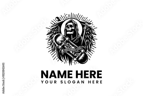Grim Reaper Skateboarder Vector Logo Illustration - Dynamic Skating Skeleton Design for Extreme Sports Apparel and Brand Identity