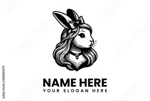 Vector Logo Illustration of a Charming Rabbit Girl with Bow and Necklace