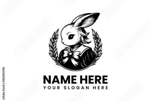 Charming Rabbit Character Vector Logo Illustration with Vintage Wreath and Elegant Bow Design Element