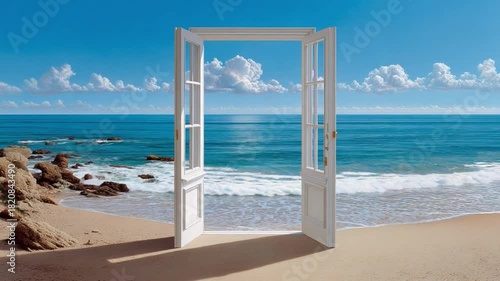 Wallpaper Mural Open Door to Paradise: A pristine white doorway stands ajar on a sandy beach, framing a breathtaking panorama of turquoise ocean, puffy white clouds, and a vast blue sky. Torontodigital.ca