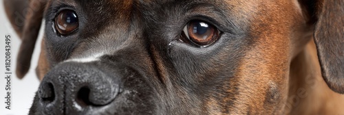 Closeup of a brindle Boxer dog with expressive eyes on a soft gray background, showcasing charm.