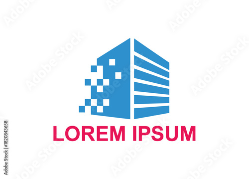 A blue abstract building with a digital transformation effect is depicted in a clean, modern graphic design, symbolizing progress and innovation in the corporate sector.