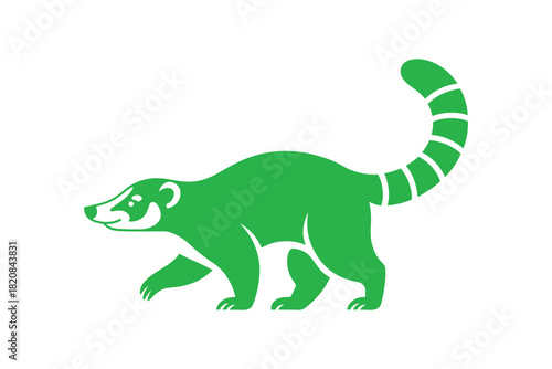 A stylized green illustration of a coati with a ringed tail walking against a white background.