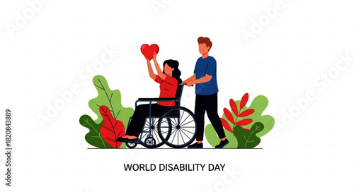 Woman in Wheelchair Holding Heart, Assisted by Man, World Disability Day