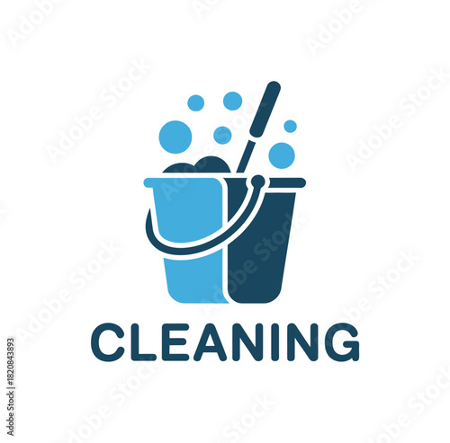 A modern logo design features a bucket filled with soapy water and a mop, with the word CLEANING prominently displayed below, symbolizing cleanliness and janitorial services.