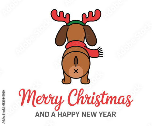 A cartoon dachshund wearing reindeer antlers and a red scarf is wishing everyone a Merry Christmas and a Happy New Year with a playful posterior view.