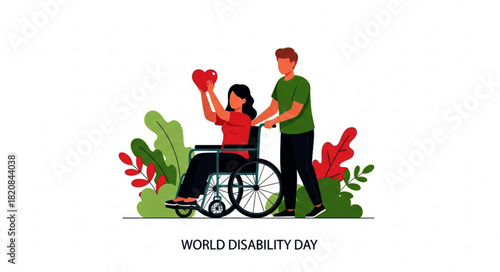 Woman in Wheelchair Holding Heart with Man Pushing, World Disability Day