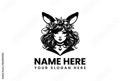 Elegant woman with fox ears and a floral wreath vector logo illustration