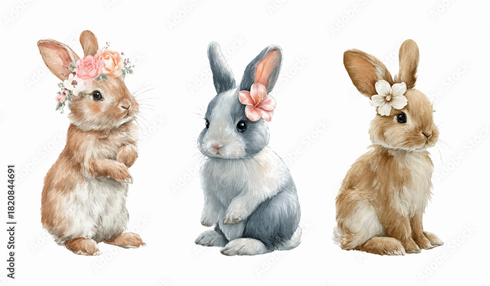 Naklejka premium Watercolor set of cute rabbits with flowers. Fluffy rabbits with a floral wreath and a flower near the ear. Cute spring and Easter characters. Animals for Easter, and spring designs. 
