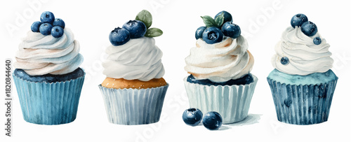 Set of watercolor illustrations of delicious blueberry cupcakes with lush white cream. Desserts decorated with fresh blueberries and mint. 