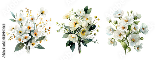 Watercolor floral bouquet with white delicate flowers. Elegant vintage wedding illustration, perfect for greeting cards and decorative patterns.