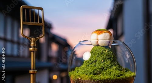 Fototapeta Naklejka Na Ścianę i Meble -  Japaneese cheesecake Artistic Japanese dessert featuring a small mochi or sweet dumpling resting atop a mound of vibrant green matcha powder served inside a clear glass bowl.