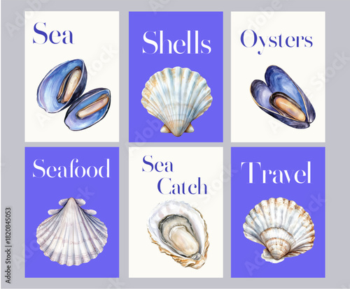 Vintage oyster illustration with Mediterranean charm. Hand-drawn shells, mussels, and clams create a coastal summer poster ideal for Italian kitchen decor or seaside restaurant menus.