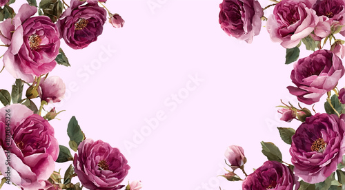 Watercolor purple flower wreath with peonies and greenery. Elegant floral frame for wedding cards, spring designs, and romantic botanical illustrations.