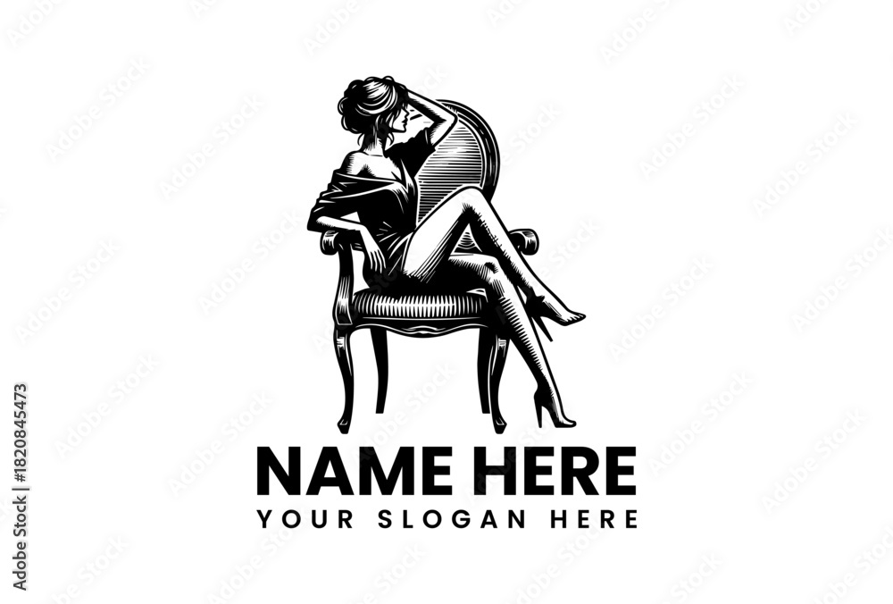 Fototapeta premium Elegant woman sitting on a chair vector logo illustration