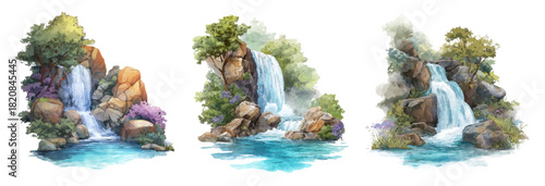 Watercolor set of a tropical cascade flowing over rocky rocks, surrounded by lush forest, with splashing streams and a mountain landscape in an illustrated background design.