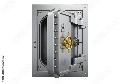 Heavy Steel Bank Vault Door Slightly Opened isolated against transparent background