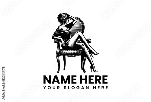 Elegant woman sitting on a chair vector logo illustration