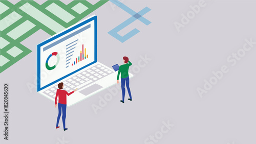 Diverse team of professionals collaborating and discussing ideas while analyzing data on a modern laptop screen in a bright office environment