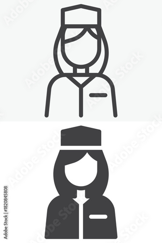 Flight attendant line and solid vector icon set in different style