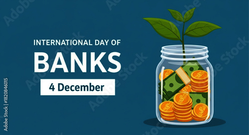 Jar filled with coins, banknotes, and a green plant, symbolizing growth and investment.