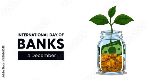 Glass Jar Filled with Coins and Banknote, Growing Plant, Financial Growth Concept