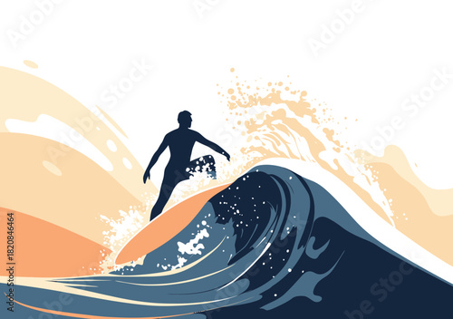 Silhouette of surfer riding dynamic curling wave with splash in minimalist flat vector style for adventure concept