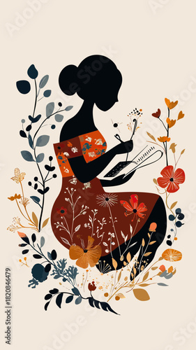 Silhouette of woman sewing with needle and thread surrounded by colorful floral pattern decorative plants and leaves vector illustration