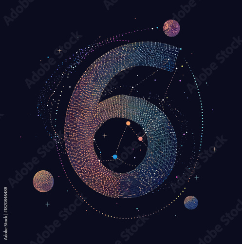 Abstract vector number six composed of cosmic wireframe mesh with connected stars planets and space elements in dark galaxy background digital art design