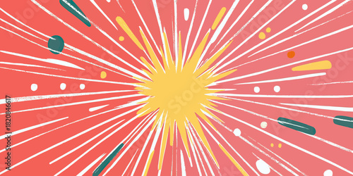Bright yellow sunburst rays with colorful teal green and orange sparkle elements on coral red background in flat minimalist doodle style vector illustration