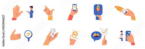 Flat minimalist vector illustration set of diverse hand gestures holding phone, hourglass, magnifying glass, rocket icon, and giving feedback for business and communication concepts