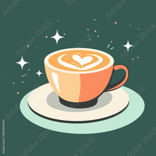 Illustration of coffee cup with latte art heart on frothy surface on saucer with sparkle effects in modern flat style for cafe and beverage concept design