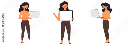 Indian business woman holding blank screen laptop and tablet digital device standing showing technology concept in flat minimalist style vector illustration