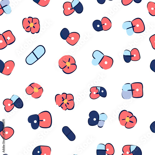 Seamless pattern of colorful capsule pills and simple flower illustrations in minimalist flat vector style on white background for medical design