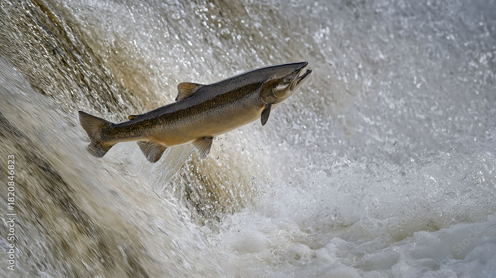 Fototapeta premium A dramatic high-speed capture of a salmon leaping up a natural cascade, showcasing powerful movement and crisp detail